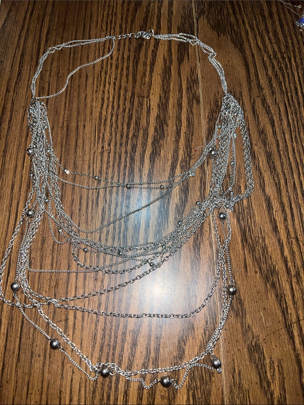 Layered Silver-Tone Multi Chain Necklace with Bead Accents